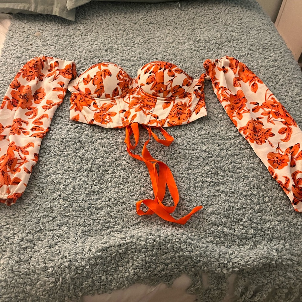Floral Orange and White Off-Shoulder Top